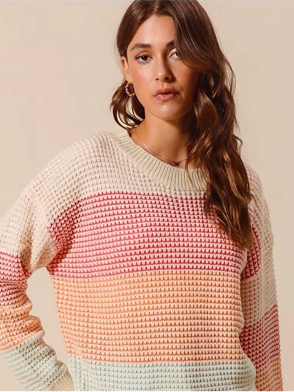 🧡 SO ME Cream Multicolor Striped Knit Sweater